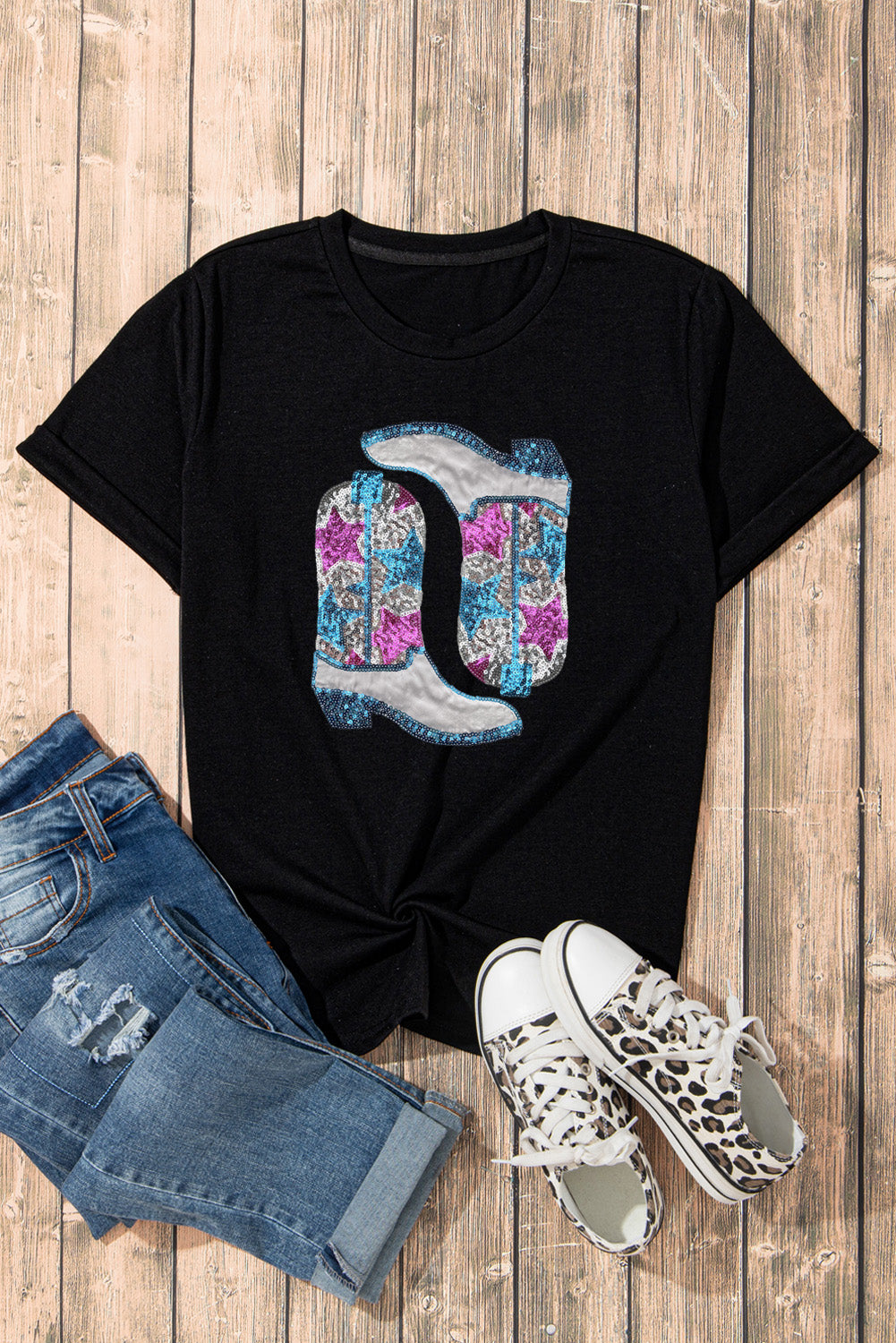 Black Sequined Boots Graphic T-Shirt