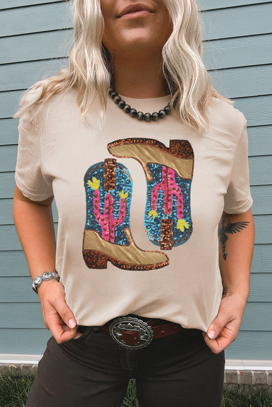 Beige Sequined Boots Graphic T-Shirt